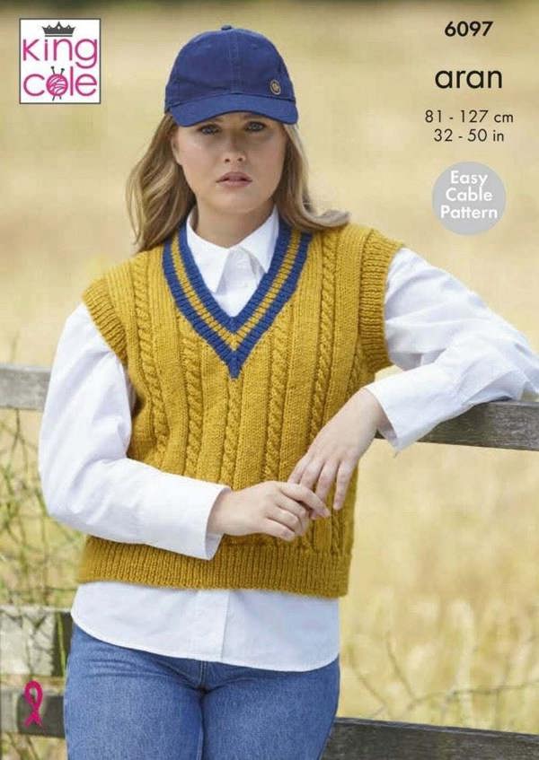 King Cole Fashion Aran Knitting Pattern 6097, Slipovers, Sweaters for Women, 32 - 50 Inches - Easy