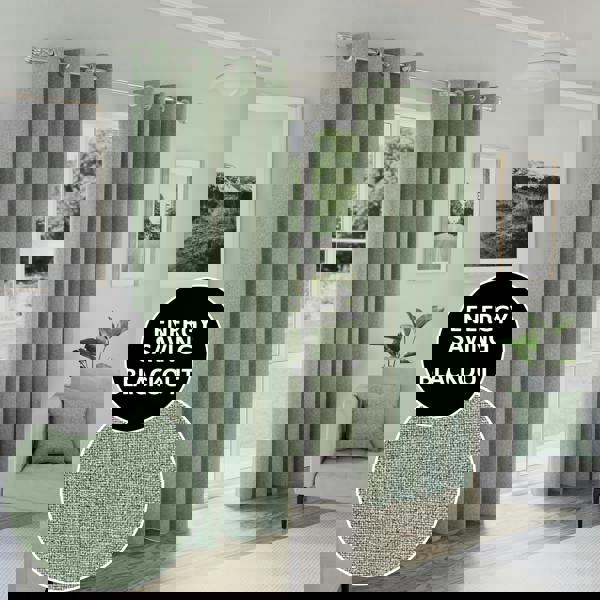 Enhanced Living Green Textured Basketweave 100% Blackout Curtains - Thermal/Energy Saving Pair with Eyelets For Living Room & Bedrooms