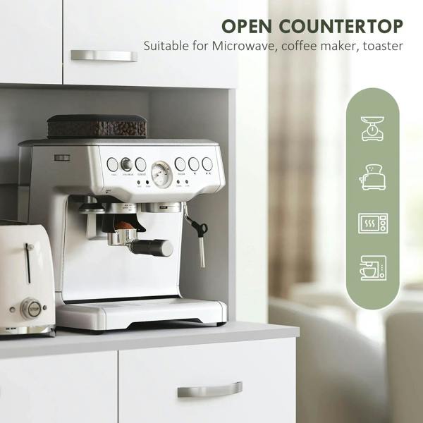 White cabinet with open countertop space for microwave or coffee maker appliances
