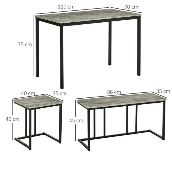 Grey concrete-effect dining table and stool dimensions diagram
