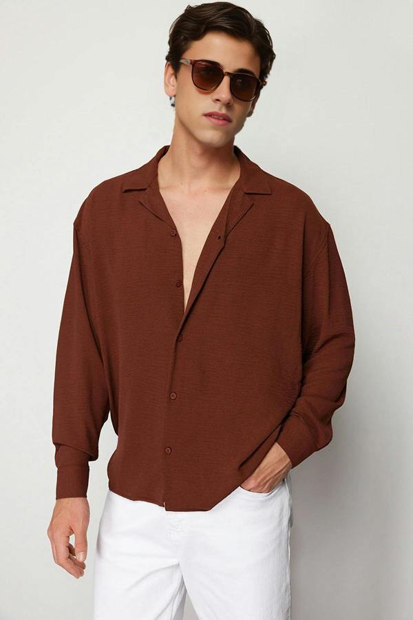 WOVCOR Oversize Fit Open Collar Linen Look Men’s Shirt