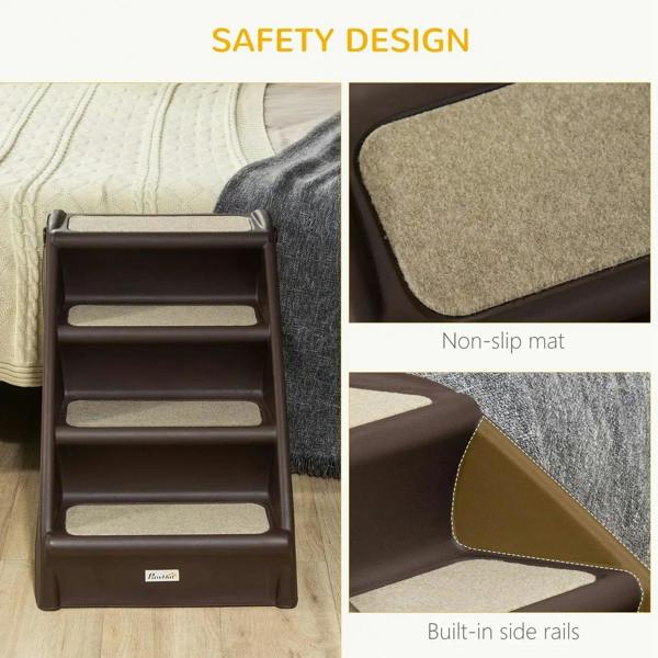 Brown pet stairs with built-in side rails and beige non-slip mats on each step