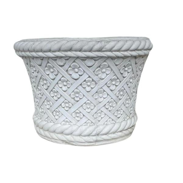 PDA Large Round White Stone Cast Wicker/Flower Design Planter Pot