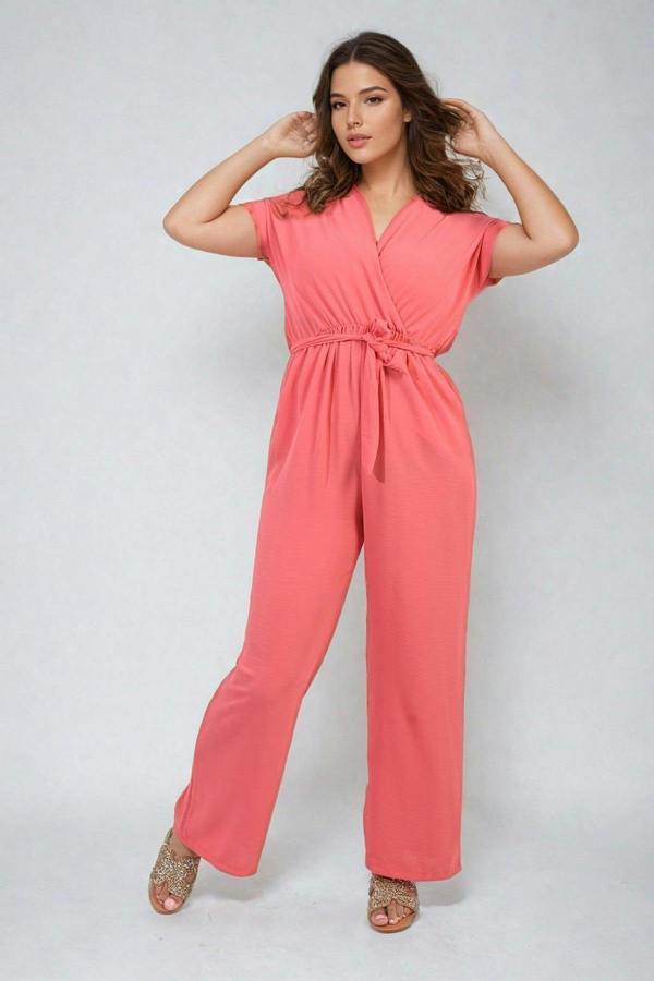 Alessandra Belted V Neck Jumpsuit With Side Pockets - Coral