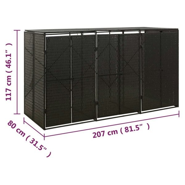 Berkfield Triple Wheelie Bin Shed Black 207x80x117 cm Poly Rattan