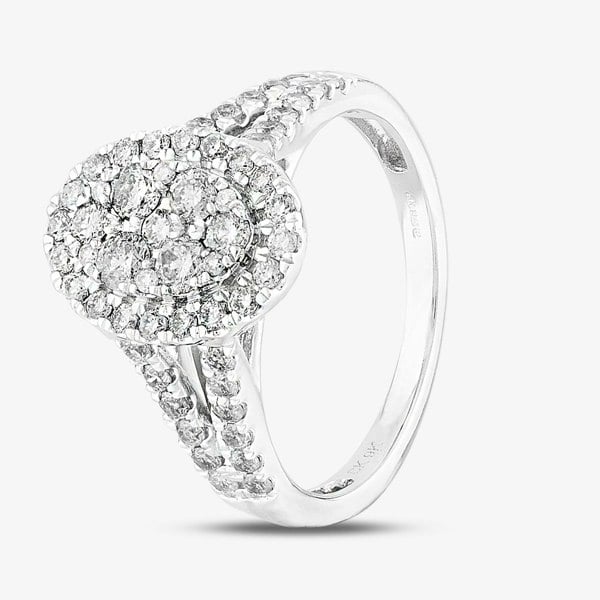 T. H. Baker 9ct White Gold 1.00ct Diamond Split Shouldered Oval Cluster Ring TH012517R