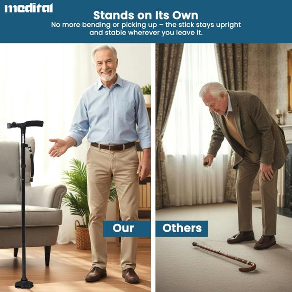 MEDITAL Folding Walking Stick with LED Light 84.5 - 94.5cm Adjustable Walking Cane - Foldable Walking Stick with Extra Wide Pivoting Base