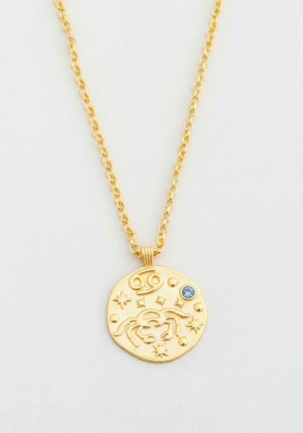 Gold necklace with a zodiac pendant on a light gray background