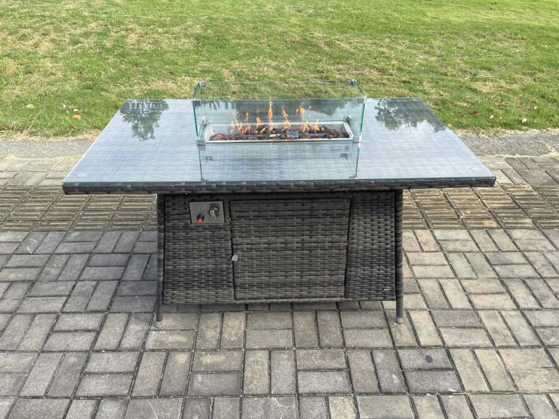 Fimous 8 Seater Wicker PE Rattan Garden Set, Patio Outdoor Gas Firepit Dining Table Heater, Double Seat Sofa, Side Table and 2 Small Footstools