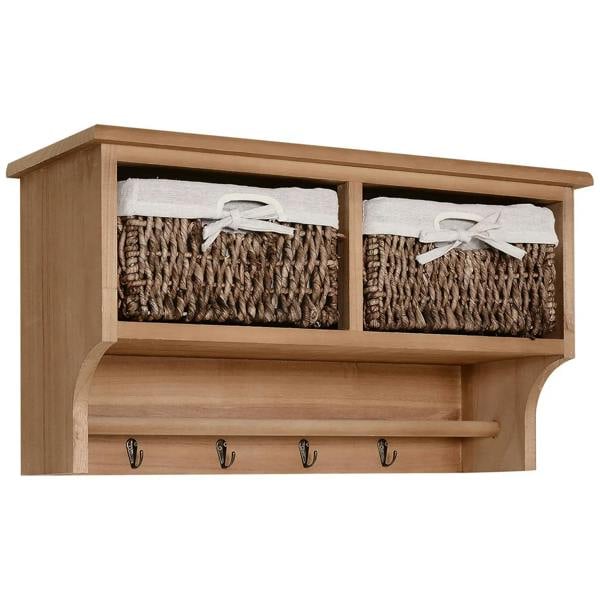 Wall-mounted coat rack shelf with two brown woven baskets and four hooks, open front storage
