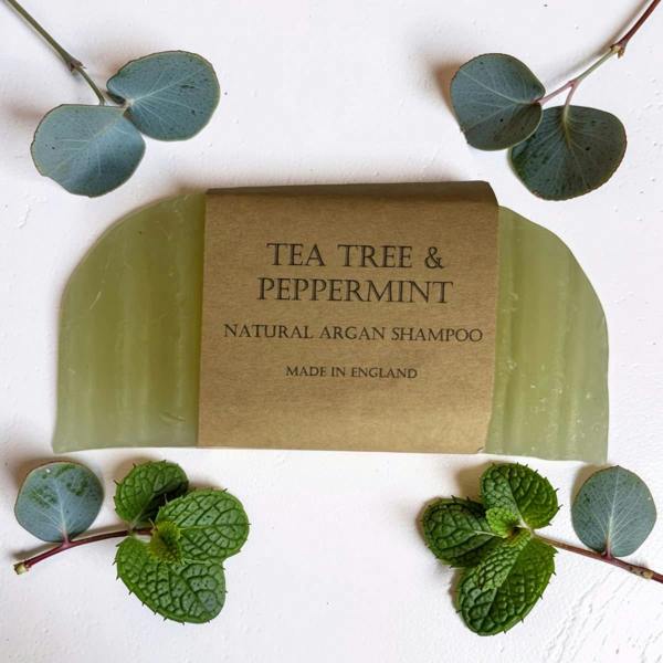 Green natural argan shampoo bar with 'Tea Tree & Peppermint' label on a white background with green leaves.
