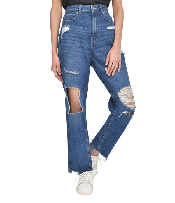Smart Living Women's Casual Style High-Waist Torn Hem Rip Mom Jeans - Dark Wash