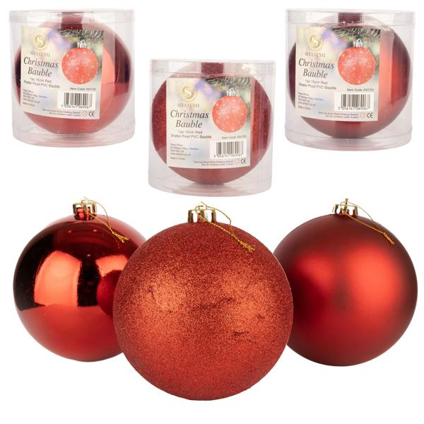 Shatchi 15cm Christmas Baubles Shatterproof Red Tree Decorations, 3 Pack for Festive Indoor and Outdoor Display