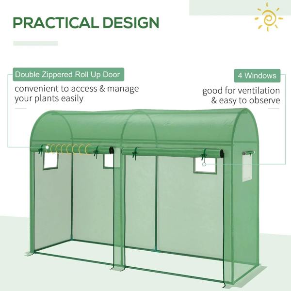 Green walk-in greenhouse with PE cover, steel frame, double roll-up zip door and four windows