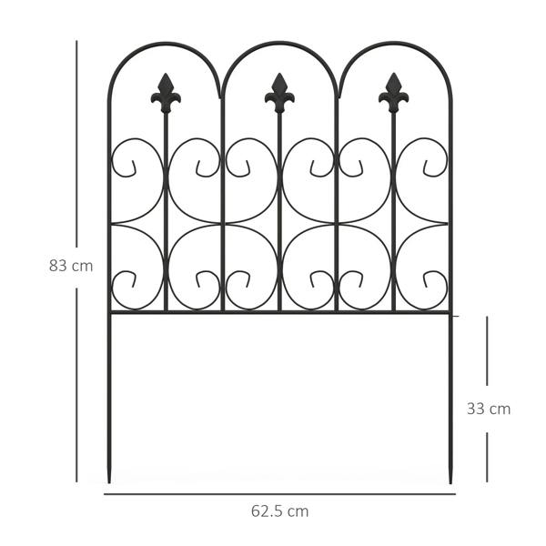 Black metal picket fence panel, 83 cm tall with decorative spear and scroll design