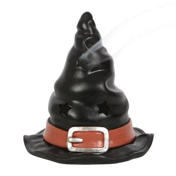 Black witch hat incense burner with red band, silver buckle, and star cutout details