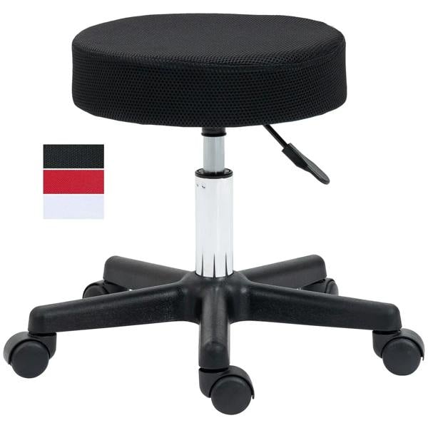 Black hydraulic swivel stool with padded round seat and five caster base