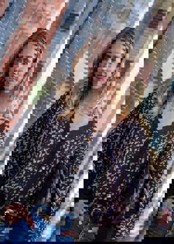 Gini London Chocolate Animal Print Wool Mix Cardigan Look Jumper