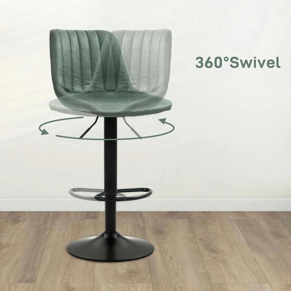 Green retro bar stool with tufted seat and backrest, black base, 360° swivel