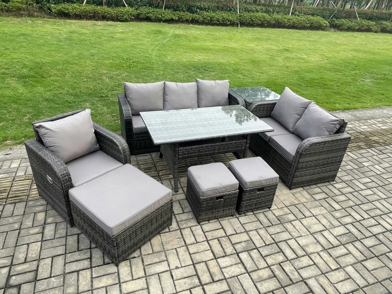 Fimous 8 Piece Rattan Garden Furniture Set with Patio Sofa Rectangular Dining Table Side Table 3 Small Footstools Indoor Conservatory Patio Set