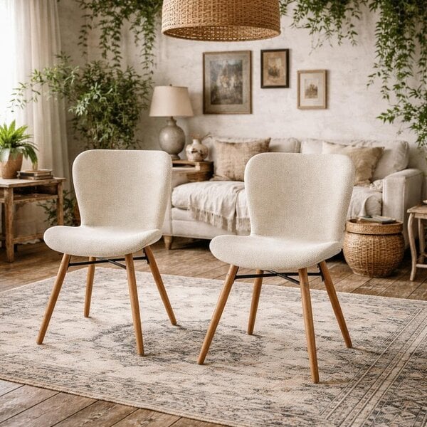 Wyld Haus Set of 2 Acorn Upholstered Beige Boucle Dining Chairs Oak Legs