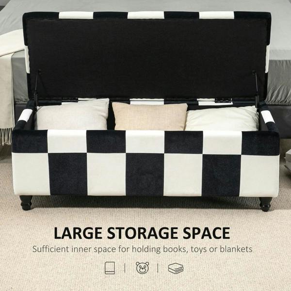 Black-and-white checkered storage ottoman bench with open hinged lid and padded interior.