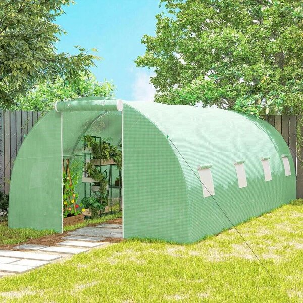 6 x 3 m Walk-in Polytunnel Greenhouse, Zipped Roll-Up Door, 8 Mesh Windows, UV-Resistant PE Cover, Green