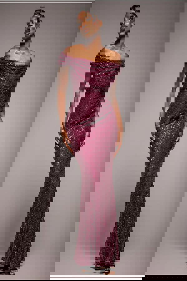 Cap Sleeve Iridescent Sequin Cowl Maxi Dress - Burgundy Red DR4633