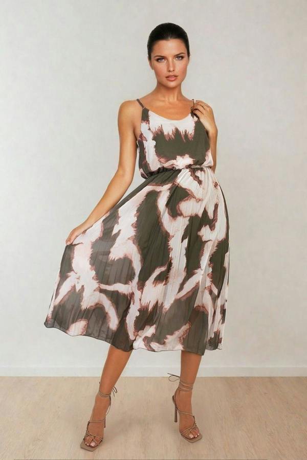 Lucy Printed Strappy Pleated Midi Dress - Khaki