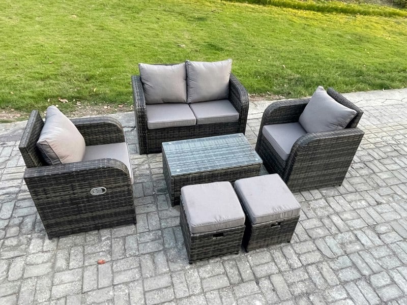 Fimous Wicker PE Rattan Outdoor Furniture Set Garden Love Sofa Coffee Table 2 Armchair 2 Small Footstools Dark Grey Mixed