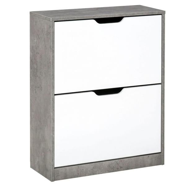 Grey and white two-drawer shoe cabinet with groove pull handles and open top drawer