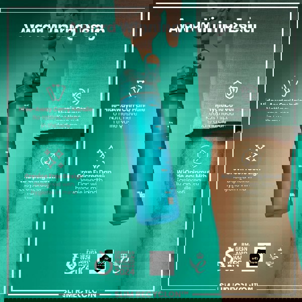 A teal water bottle is being held; it features a hide-away handle, crevice-free design, hygiene cover, and wide mouth. Awards from 2021 and 2024 are shown. The bottle is labelled "SLIM RECYCLON™".