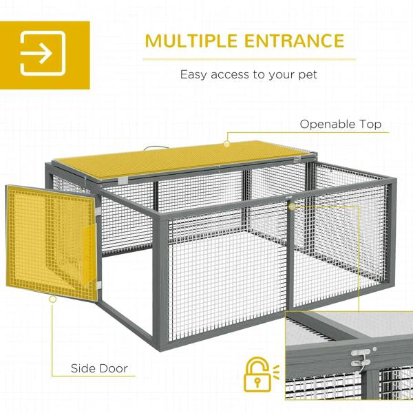 Grey folding rabbit hutch with side door and openable top, wire mesh enclosure
