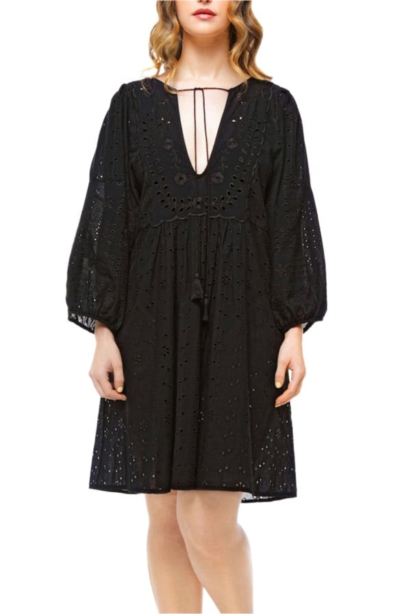 Elle Jane Embroidery Anglaise Beach Dress in Black