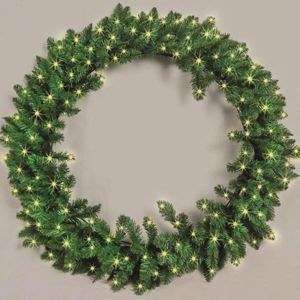 1cm Pre-Lit Green Christmas Wreath with 150 LEDs, PVC Foliage and Pencil Point Tips image 5