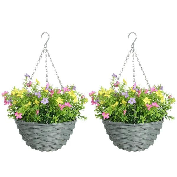 Set of 2 artificial hanging cosmos flowers in woven gray baskets, multicolored blooms