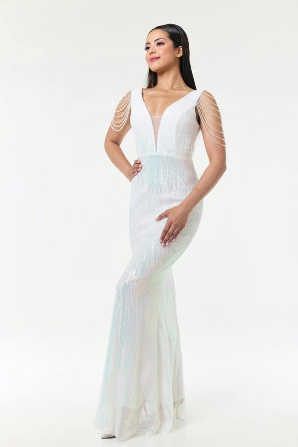 LuvForever Riona - White Jewelled Shoulder Sequin Maxi Dress