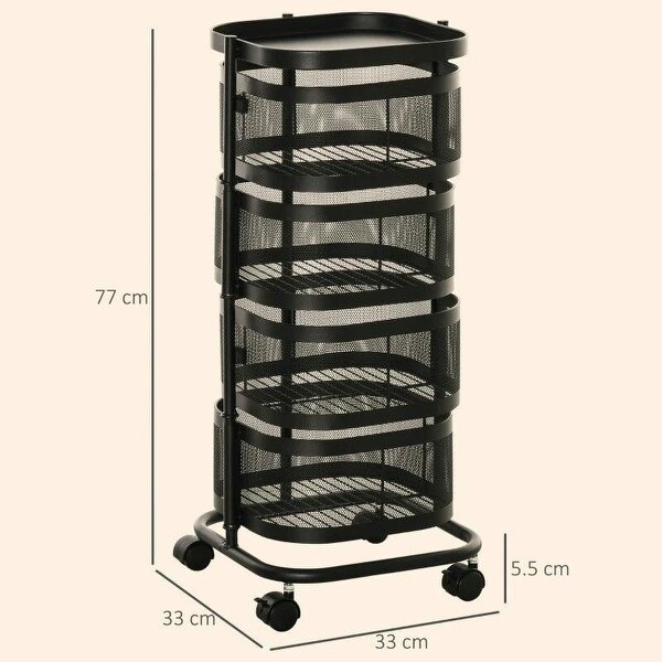 Bobobiy Metal Storage Cart, 4-Tier Storage Trolley on Wheels with 4 Mesh Baskets and Top Tray, Black