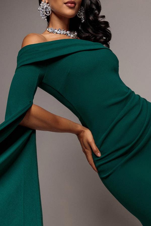 Off Shoulder Bardot Maxi Dress With  Split Cape Sleeves - Emerald Green DR5254