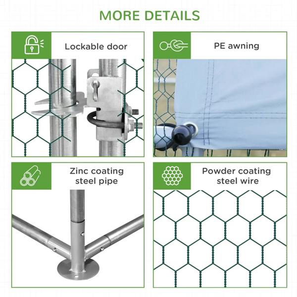 Chicken coop details: lockable door, PE awning, zinc-coated steel pipe, hex wire mesh