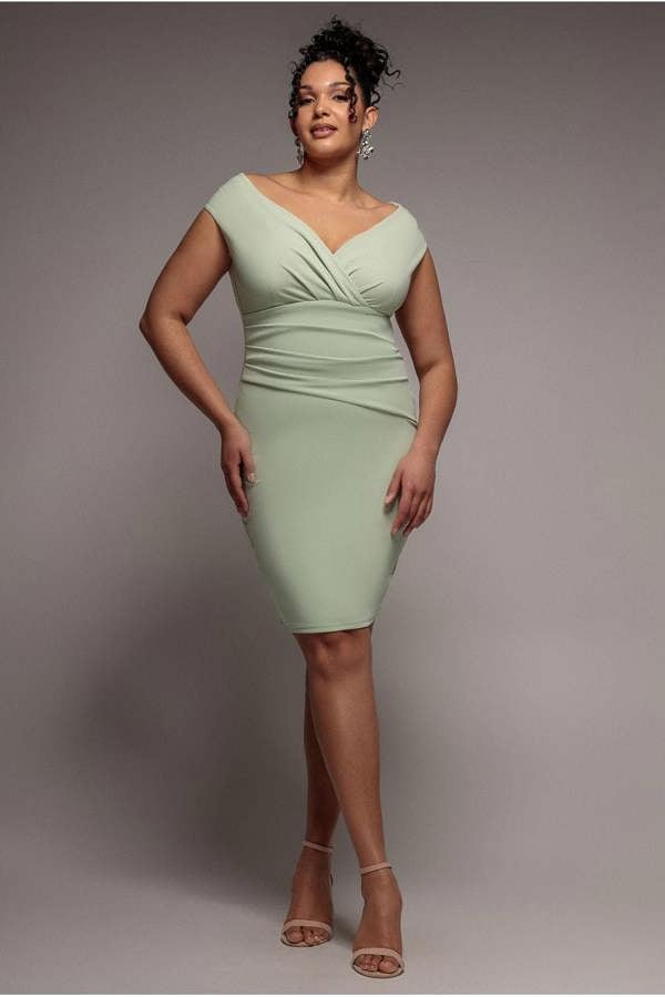 Goddiva Plus Bardot Pleated Midi Dress- Sage Green by Goddiva Plus