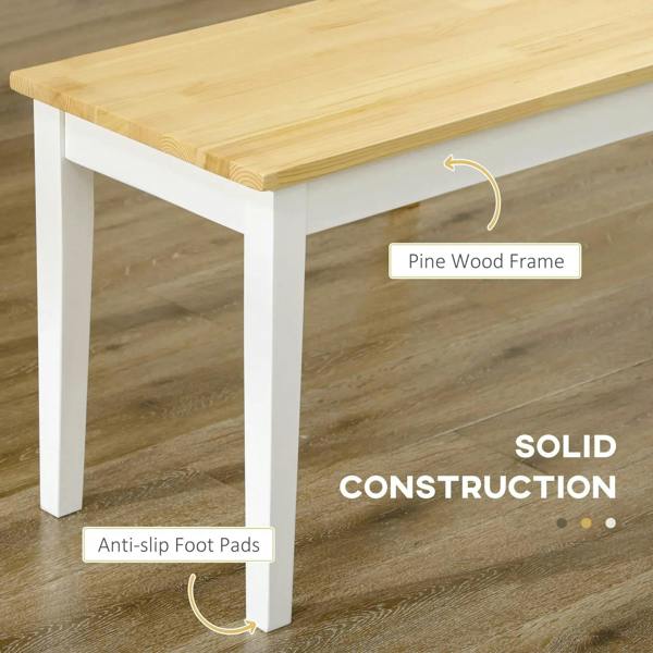 White wood dining bench corner view with pine top and anti-slip foot pads.