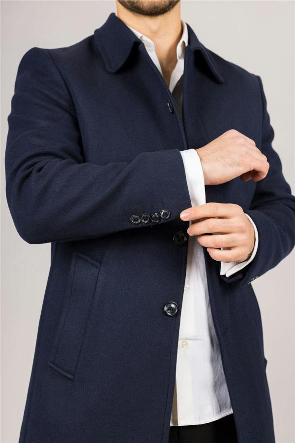 Infinity Leather Men's Wool Blend Classic Collar Navy Overcoat