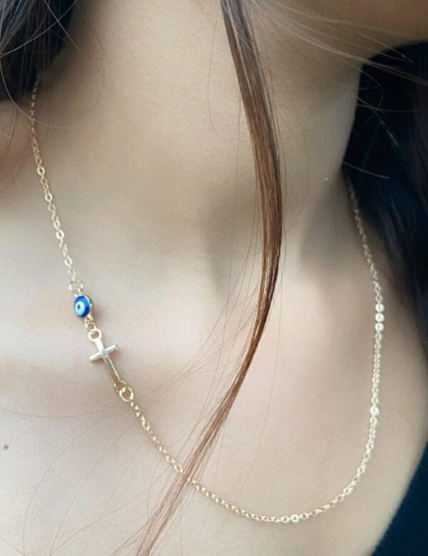 The Colourful Aura Blue Evil Eye Sideways Cross Christian Charm Minimalist Choker Dainty Necklace