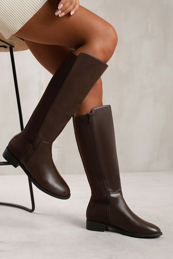 Where's That From Parker Knee High Boots With Side Zip In Dark Brown Faux Leather