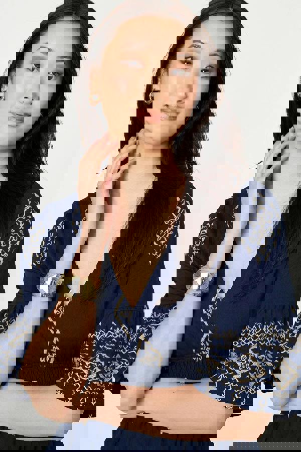 Navy | Printed 1/2 Sleeve Shirred Midi Dress