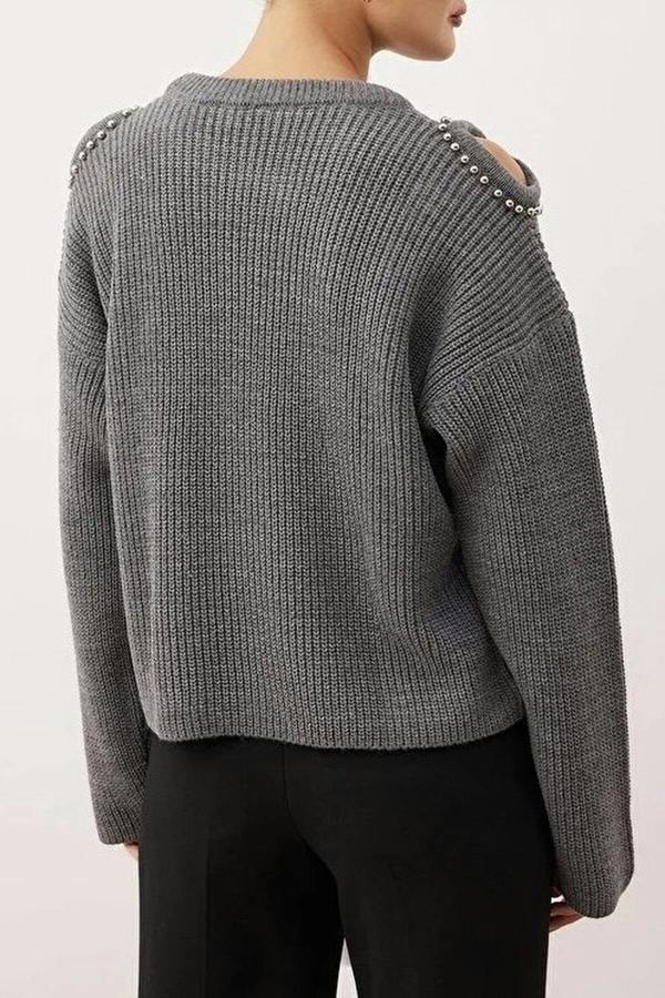 WOVCOR Pearl Embellished Knit Sweater with Shoulder Cut Out Detail