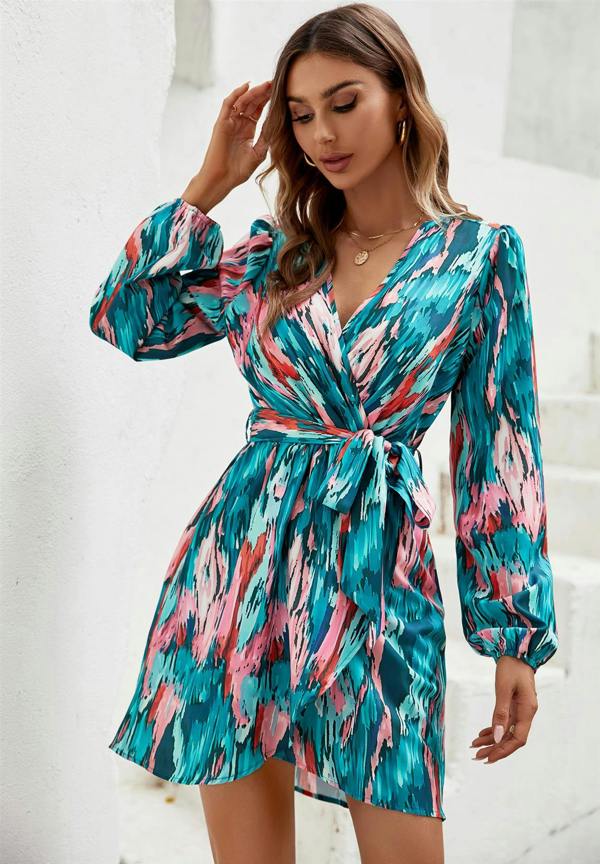 FS Collection Teal & Pink Tie Dye Print Wrap Mini Dress In Green