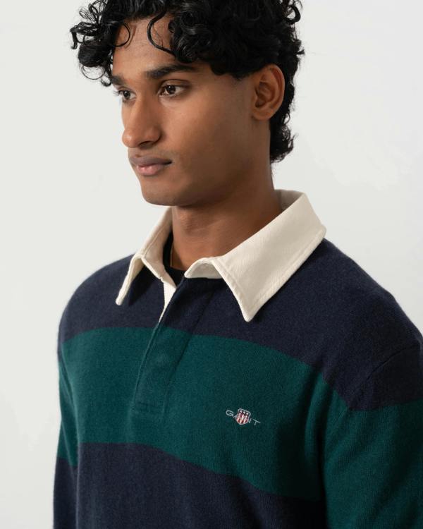 Close up of GANT Mens Barstripe Lambswool Rugger - 321 Dark Emerald
