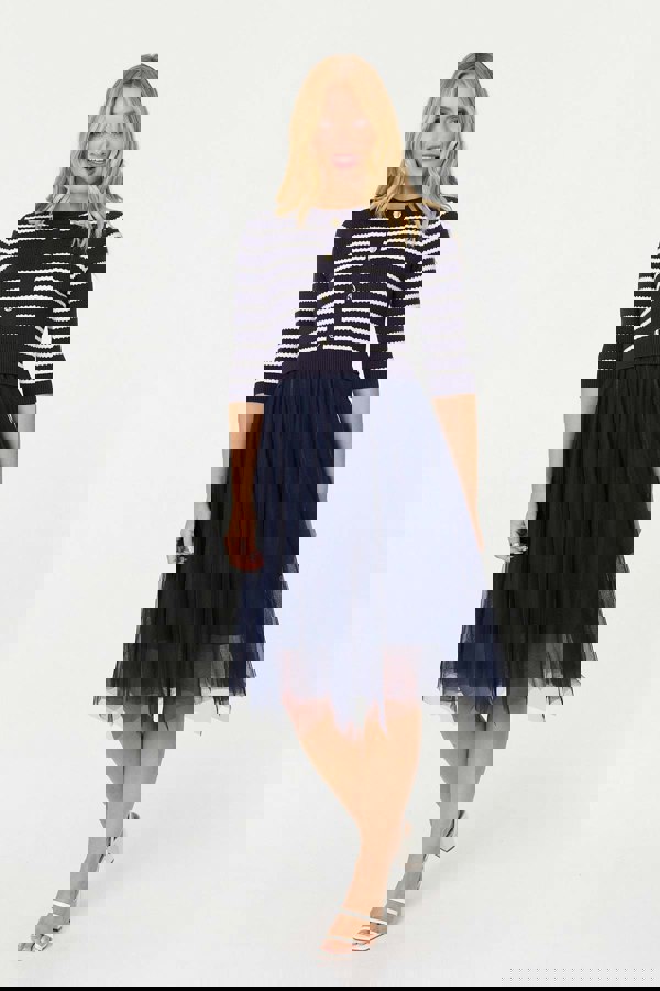 Navy | Striped Knit Mesh Hanky Hem Midi Dress
